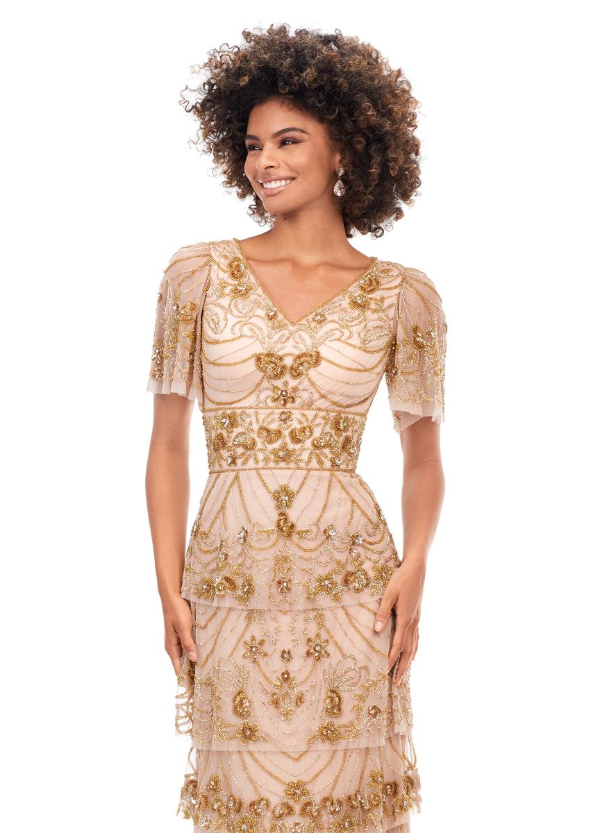 ASHLEYlauren Beaded Short Sleeves Tiered Gown 11235 - Image 6