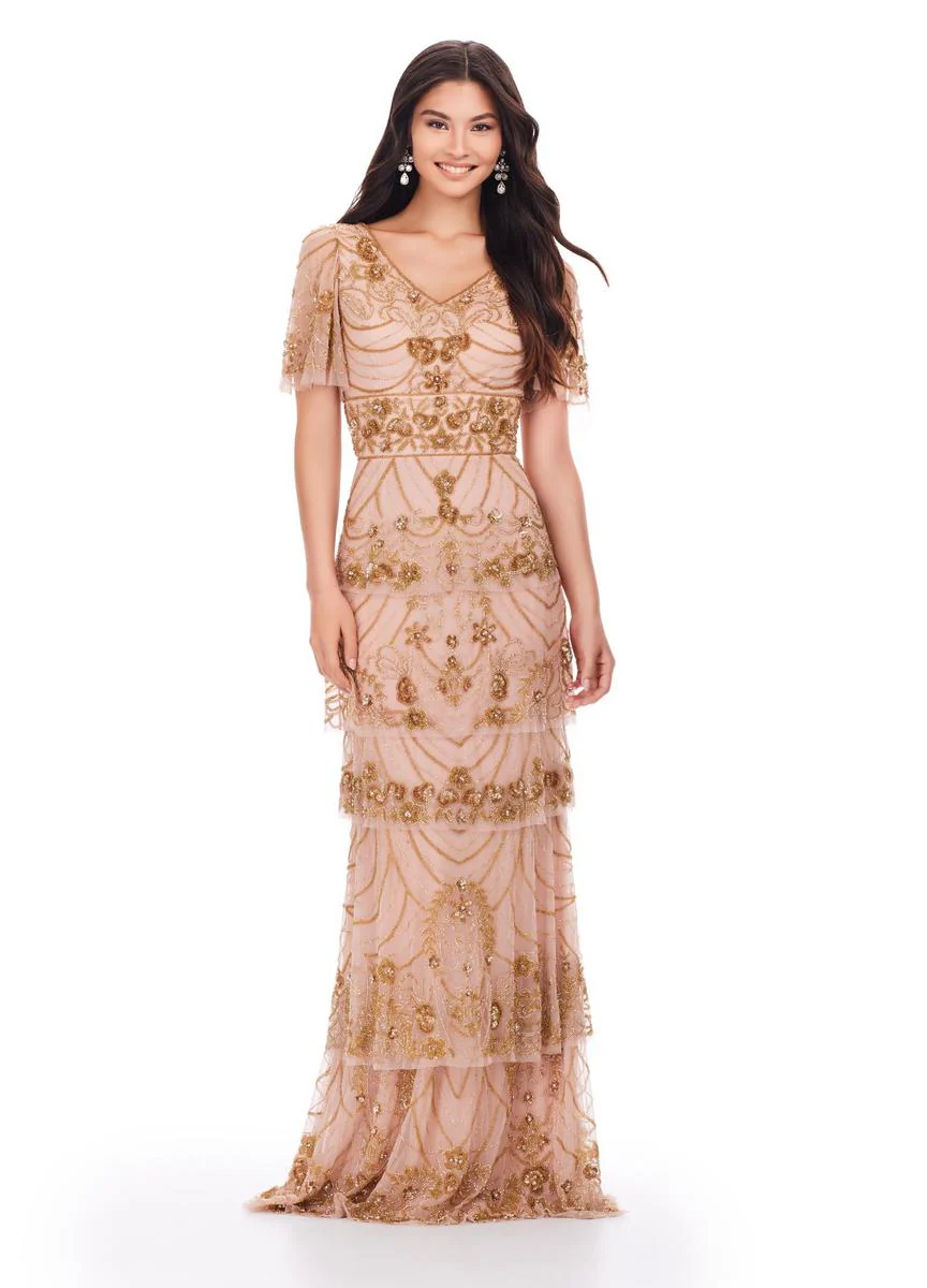 ASHLEYlauren Beaded Short Sleeves Tiered Gown 11235 - Image 7