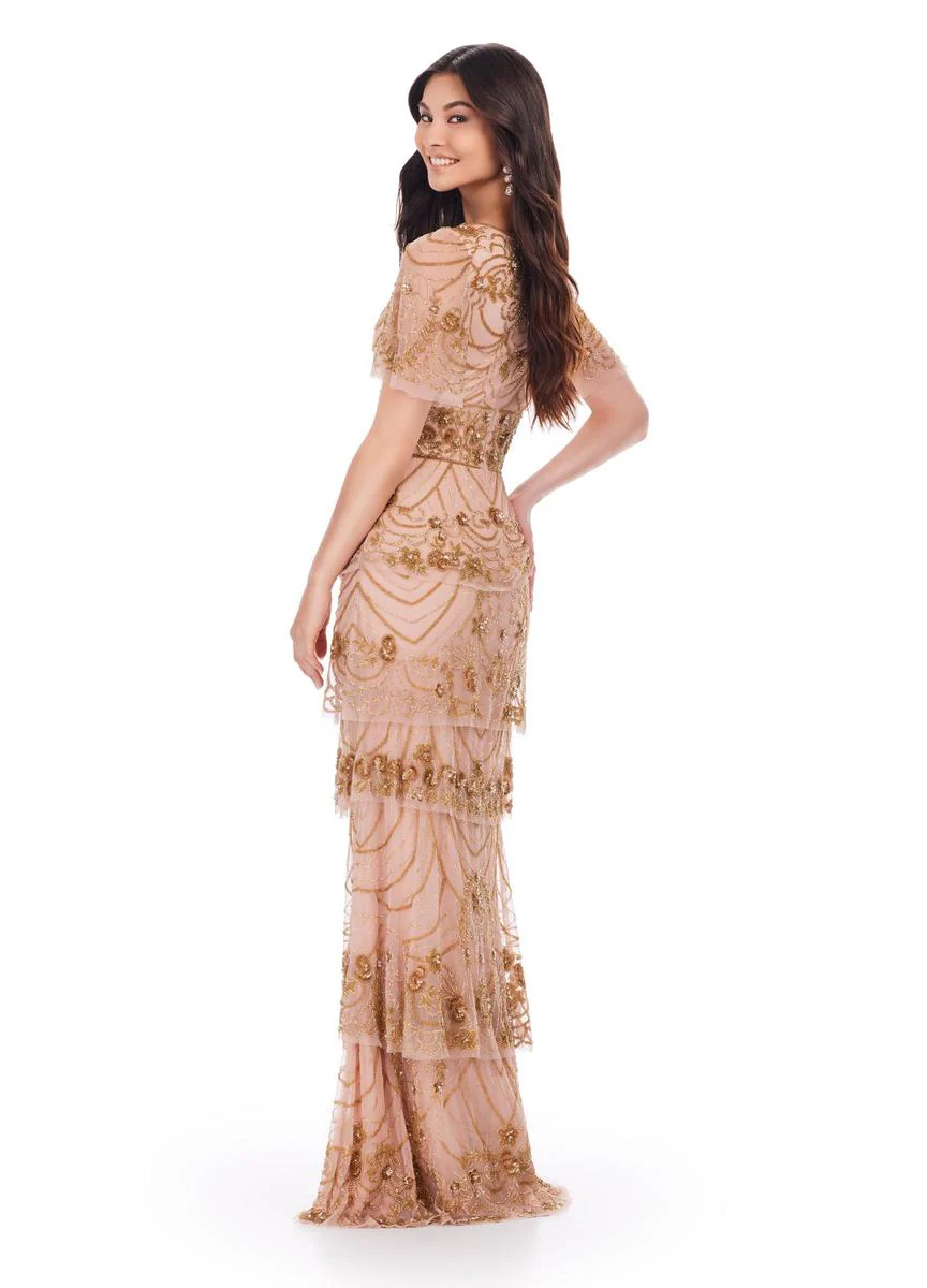 ASHLEYlauren Beaded Short Sleeves Tiered Gown 11235 - Image 8