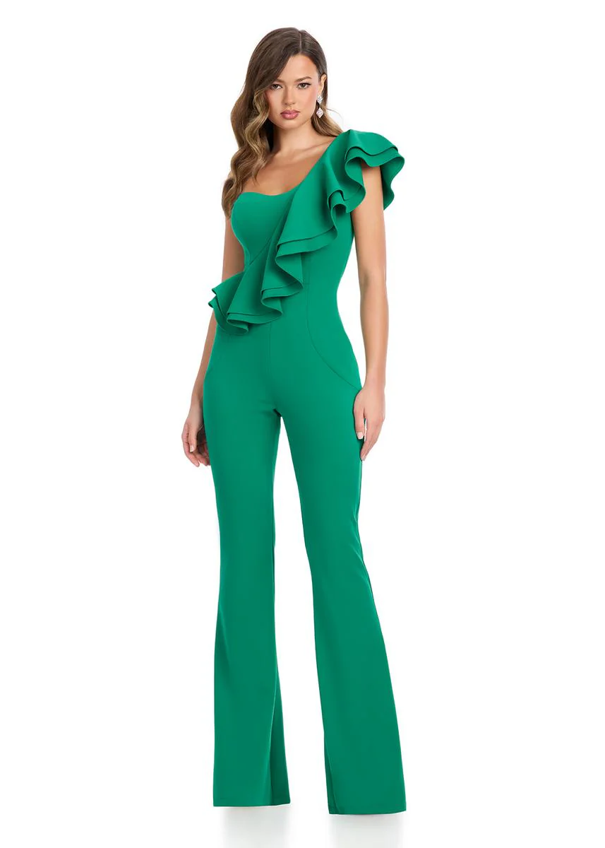 ASHLEYlauren One Shoulder Scuba Ruffle Jumpsuit 11965 - Image 5