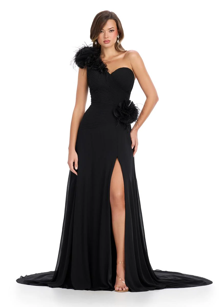 ASHLEYlauren One Shoulder Feather Prom Dress 11969 - Image 5
