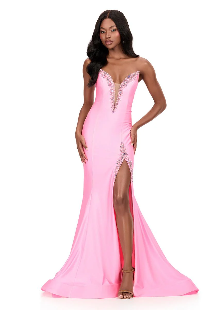 ASHLEYlauren Plunging Bead Accented Prom Dress 12191