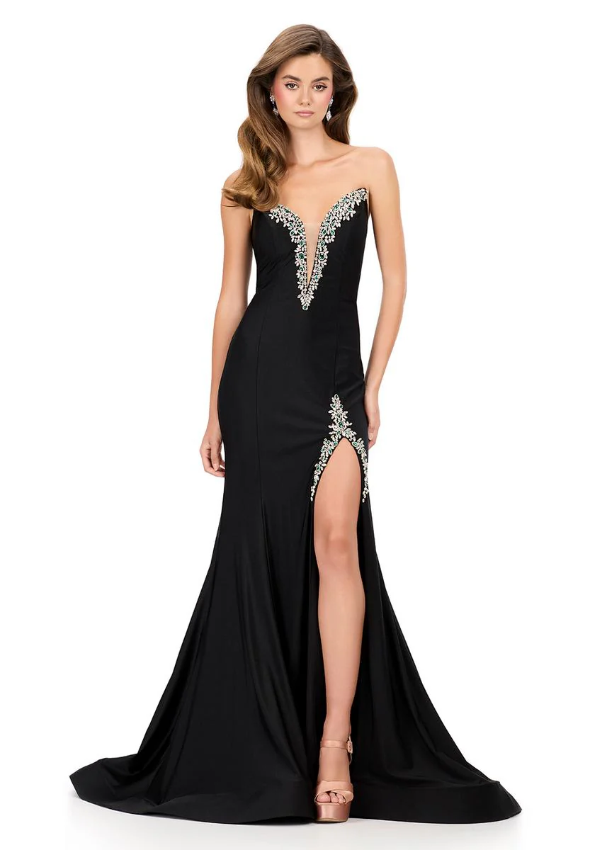 ASHLEYlauren Plunging Bead Accented Prom Dress 12191 - Image 9