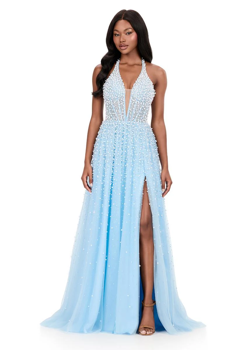 ASHLEYlauren Beaded Tulle Halter Prom Dress 12268 - Image 5