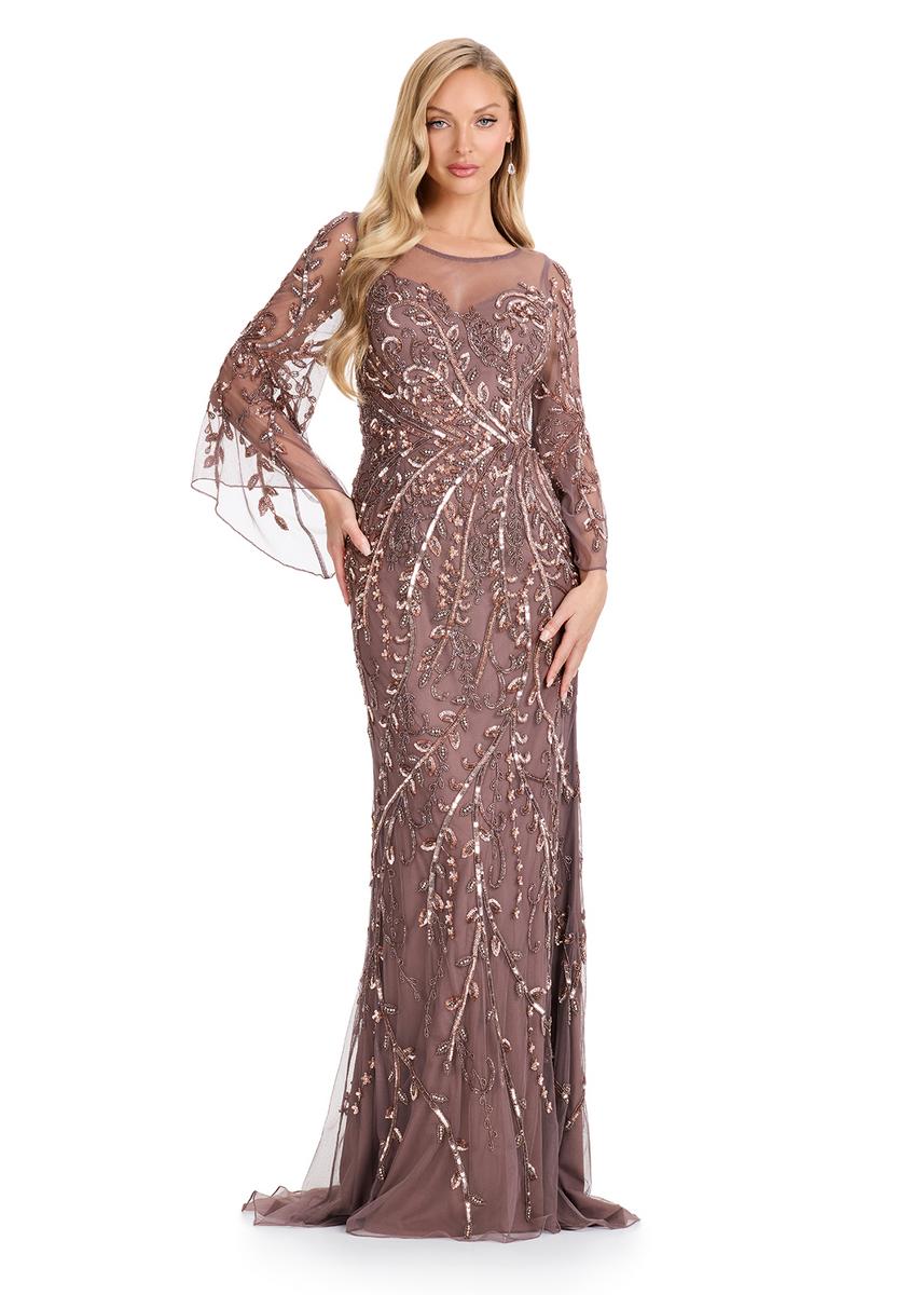 ASHLEYlauren Sheer Long Sleeve Evening Gown E12105