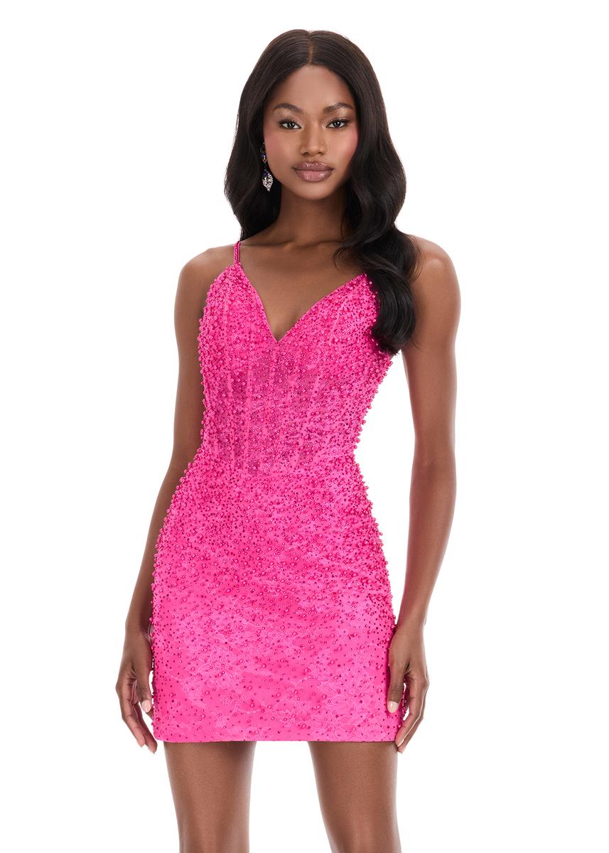 ASHLEYlauren Short V-Neck Pearl Embellished Homecoming Dress 4925 - Image 11