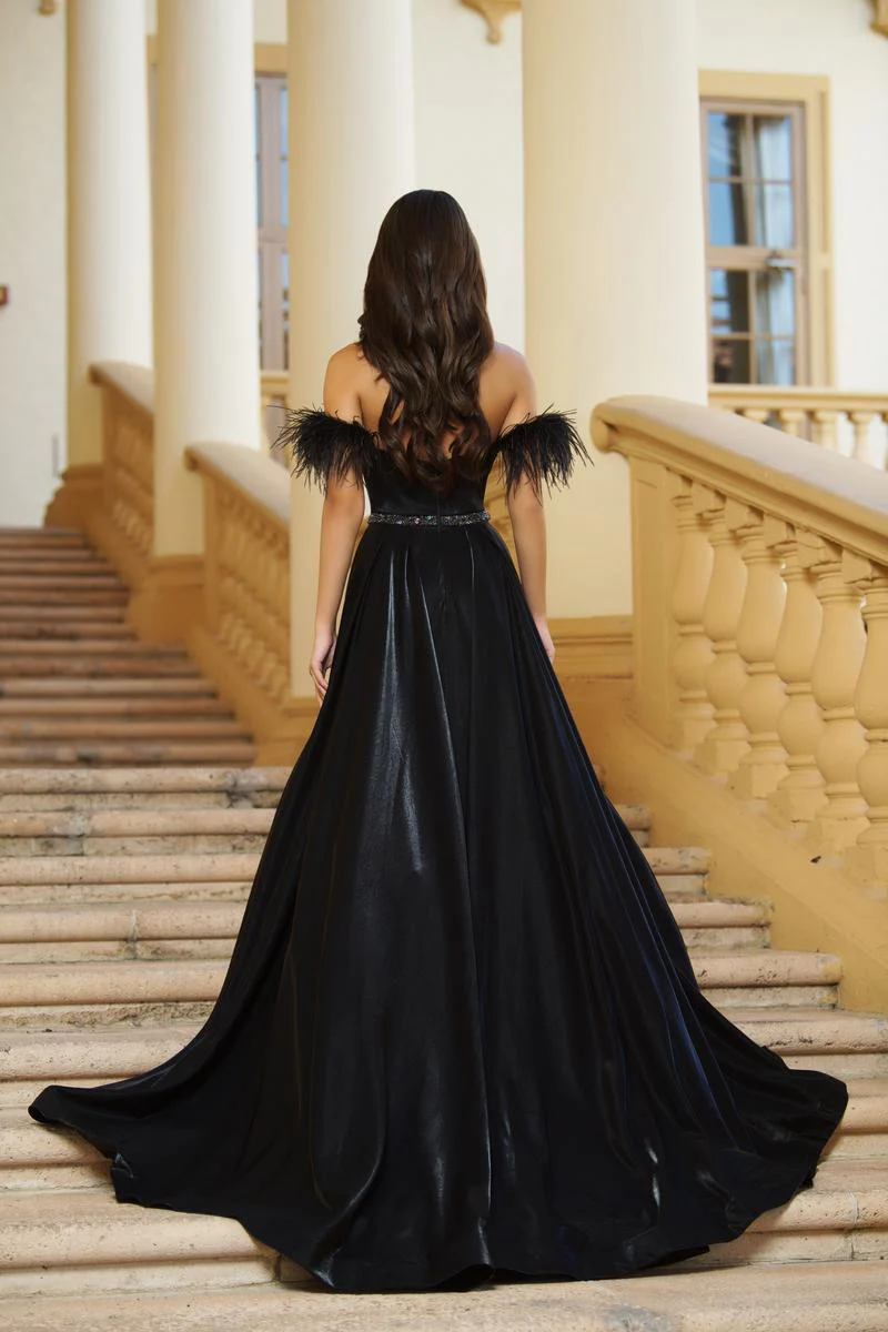 Ava Presley Feather Off the Shoulder Prom Dress 28570 - Image 2