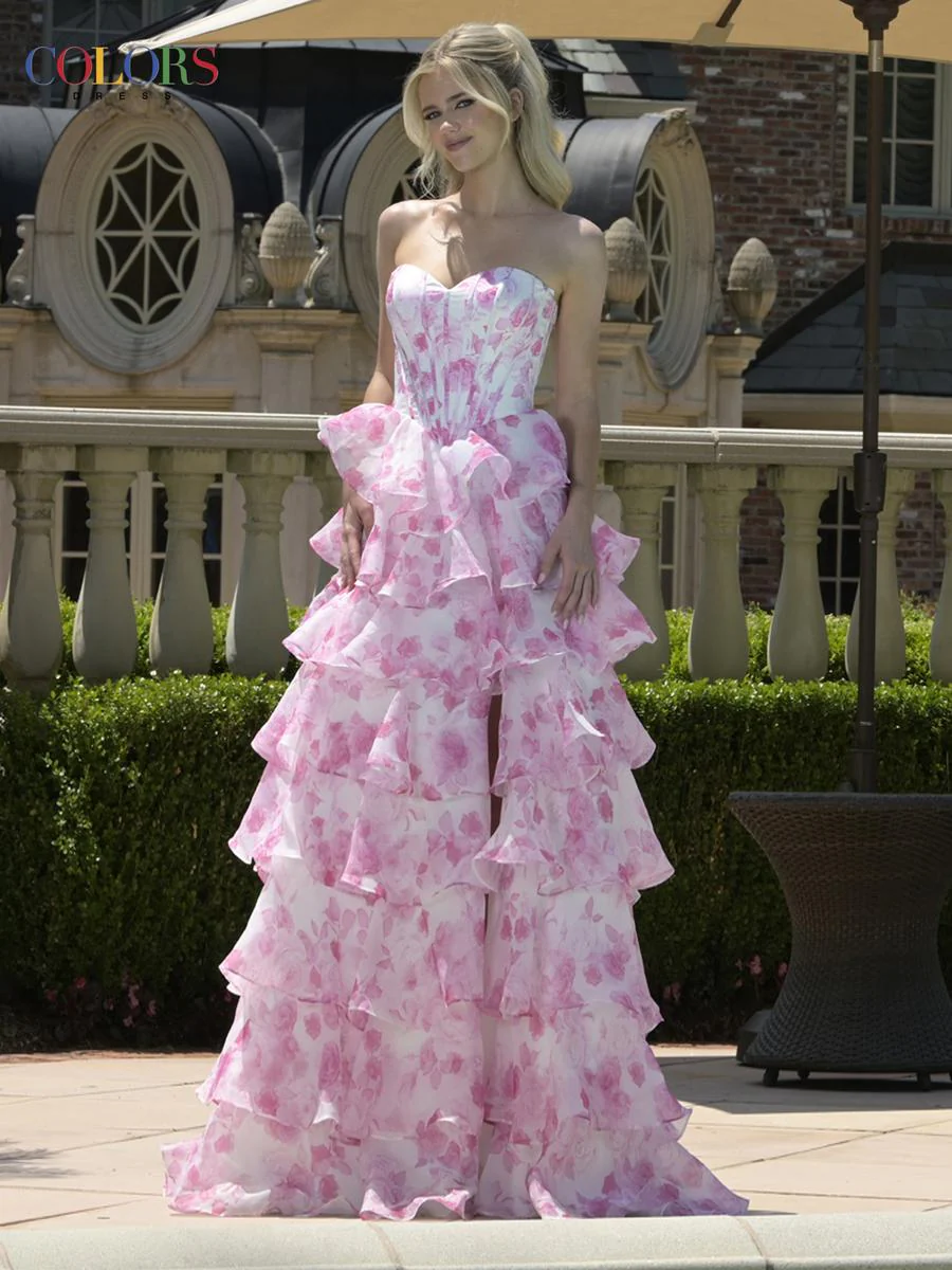 Colors Dress Rose Print Ruffle Ballgown Prom Dress 3836 - Image 3