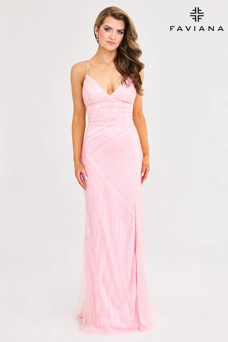 Faviana Beaded V-Neck Open Back Prom Dress 11270 - Image 2