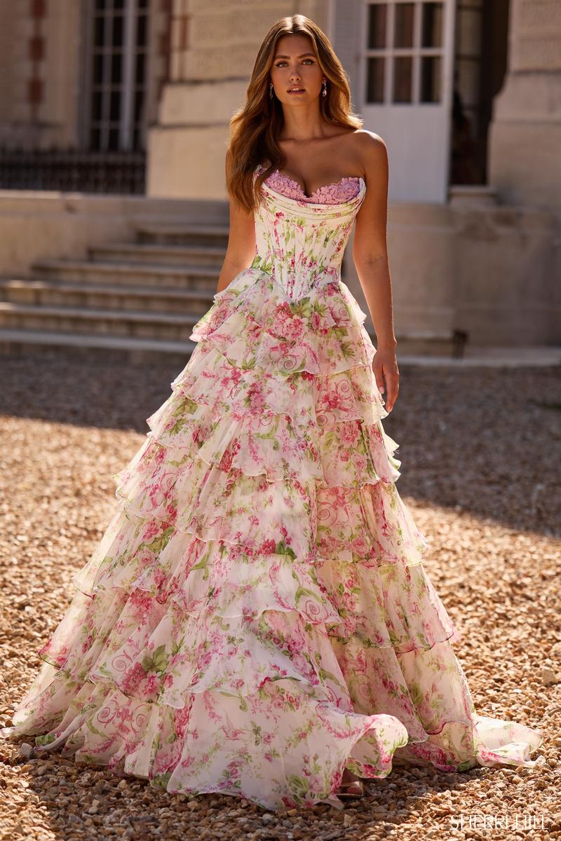 Sherri Hill Floral Print Ruffle Prom Dress 57693 - Image 5