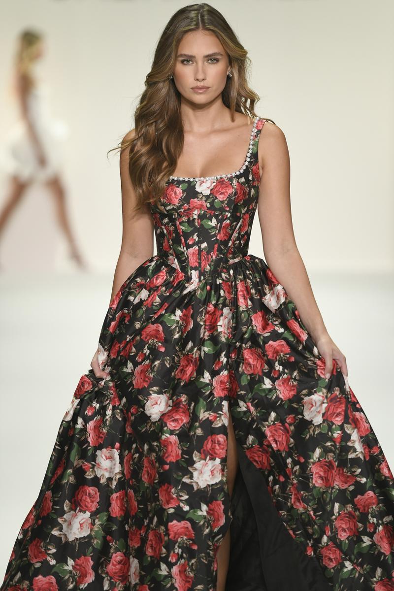 Sherri Hill Basque Waist Floral Print Prom Dress 57725