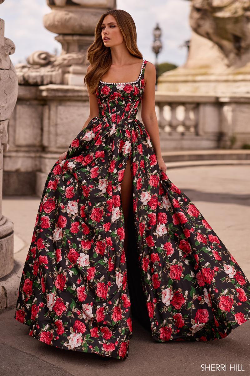 Sherri Hill Basque Waist Floral Print Prom Dress 57725 - Image 2