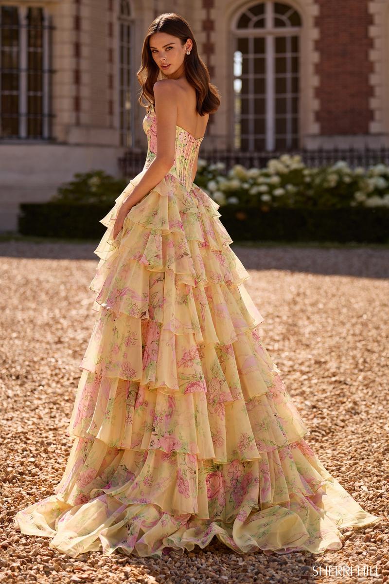 Sherri Hill Floral Print Corset Ruffle Prom Dress 57727 - Image 2