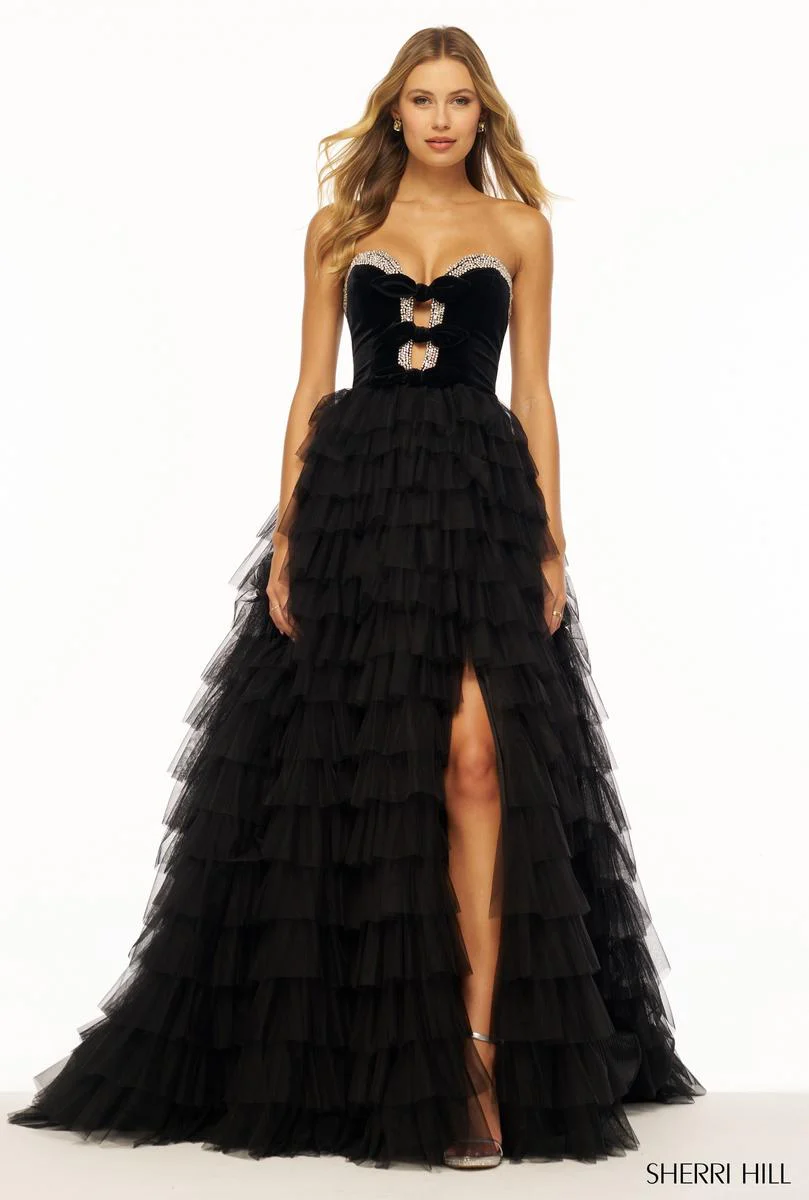 Sherri Hill Velvet Ruffle Ball Gown Dress 56034 - Image 3