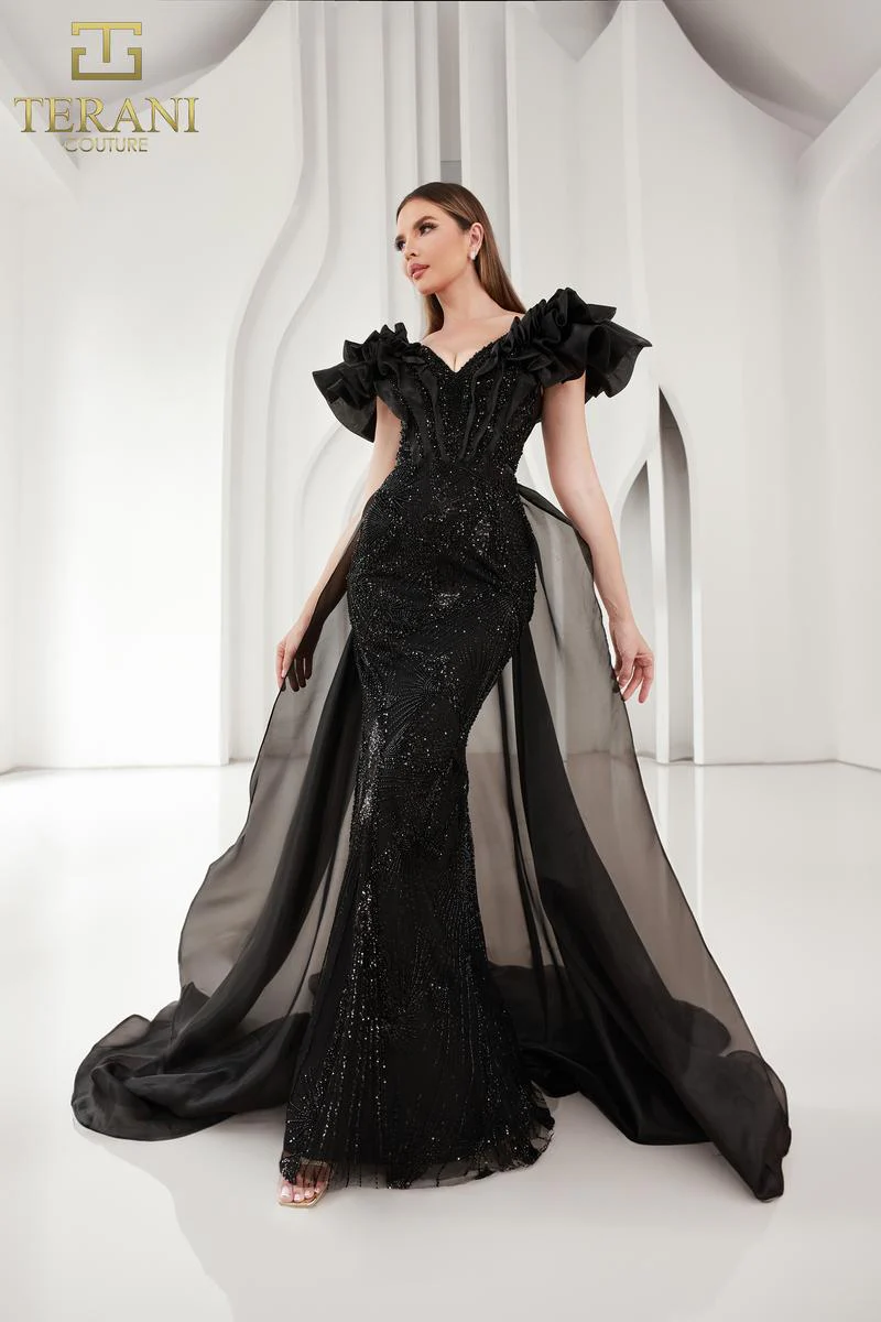 Terani Ruffle Shoulder Evening Dress 251GL4357