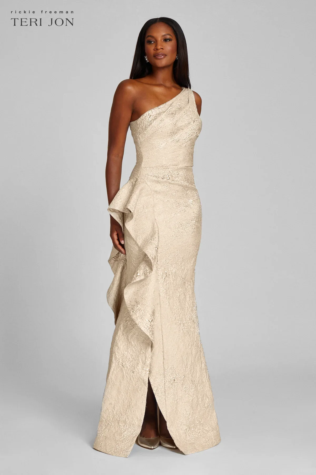 Teri Jon One Shoulder Jacquard Evening Gown 217028 - Image 5