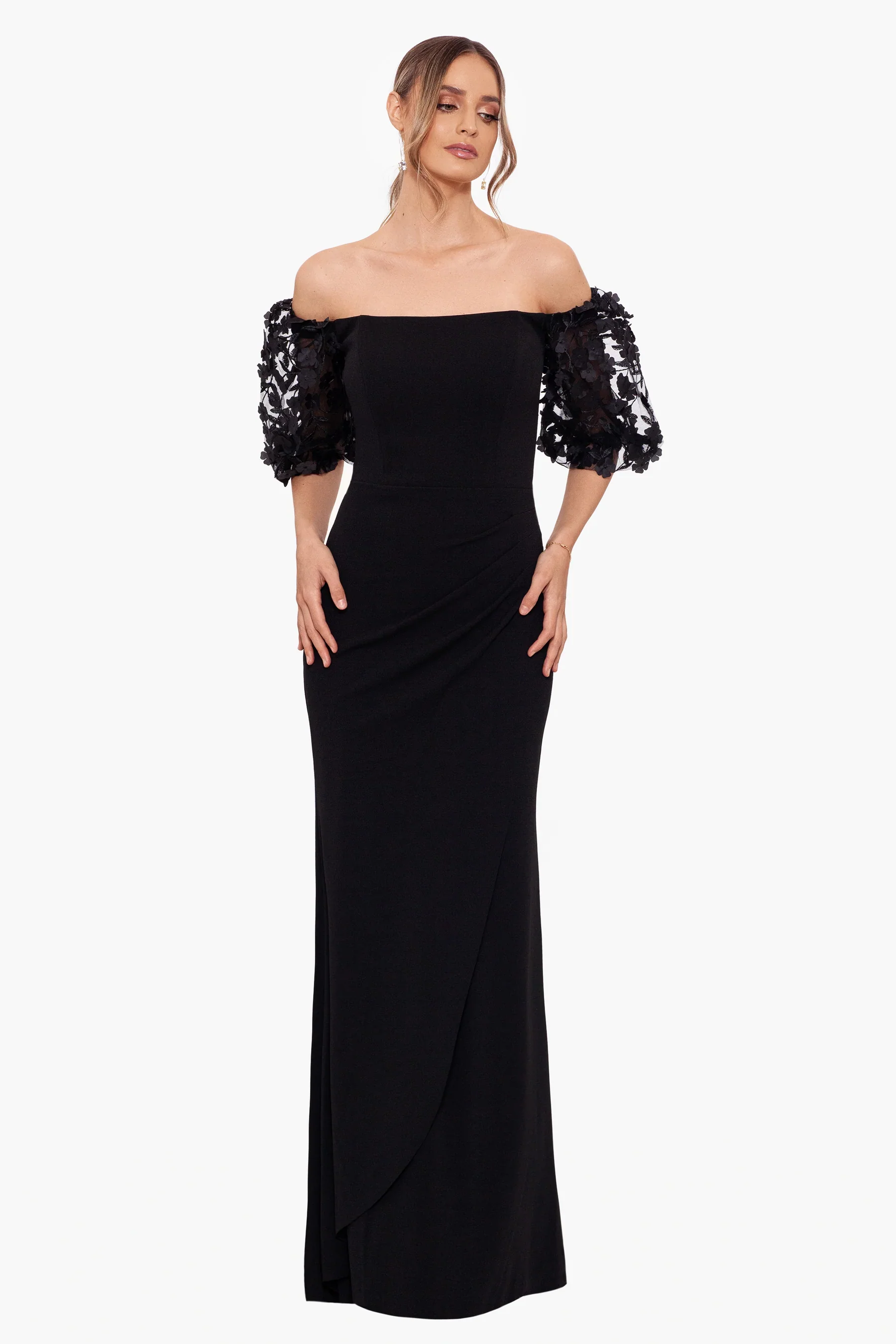 Xscape Evenings "Melanie" 3D Floral Sleeve Scuba Crepe Gown 3720X - Image 3